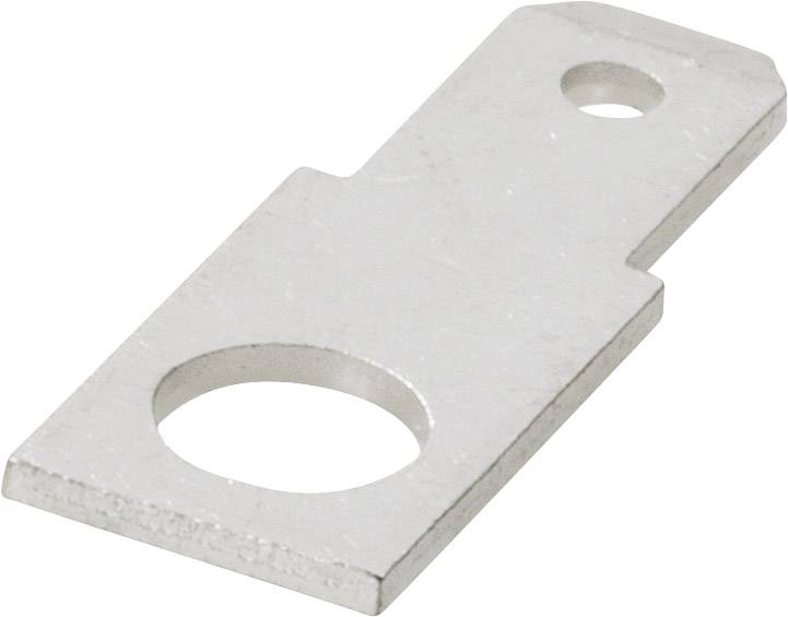 A silver metal sheet with two circular holes, which is thin and rectangular in shape.