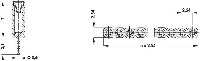 Technische Zeichnung eines elektronischen Steckers mit Abmessungen. Links: Längsschnitt; rechts: Draufsicht mit Maßangaben in Millimetern.