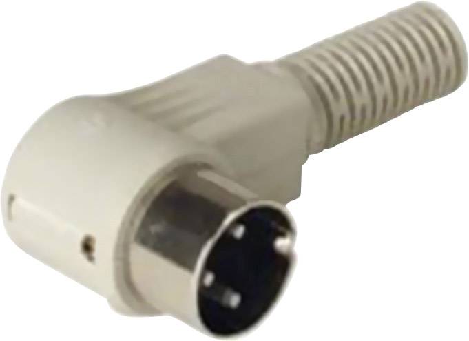 Ein grauer DIN-Stecker mit gewinkeltem Kabelanschluss, typisch für Audio- oder Videogeräte, liegt auf weißem Hintergrund.