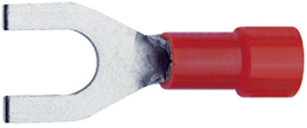Ein roter Gabelkabelschuh aus Metall und Kunststoff, seitlich abgebildet. Die Gabel hat zwei Zinken zur Verbindung elektrischer Kabel.