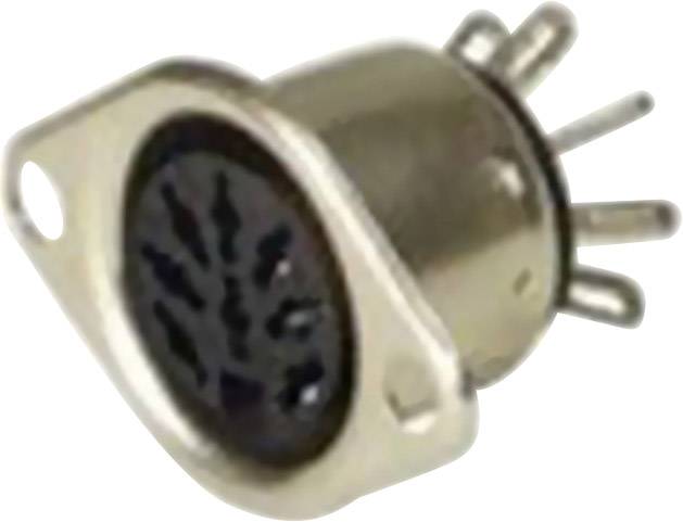 Ein sechspoliger runder Stecker mit Metallgehäuse und Stiften an der Rückseite, häufig für elektrische Verbindungen verwendet.