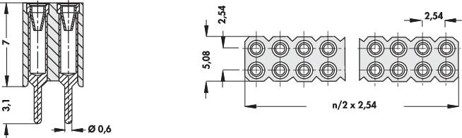 Diagramm eines elektrischen Steckverbinders. Links: Seitenansicht mit Abmessungen. Rechts: Draufsicht auf mehrere runde Buchsen. Maße in Millimetern.