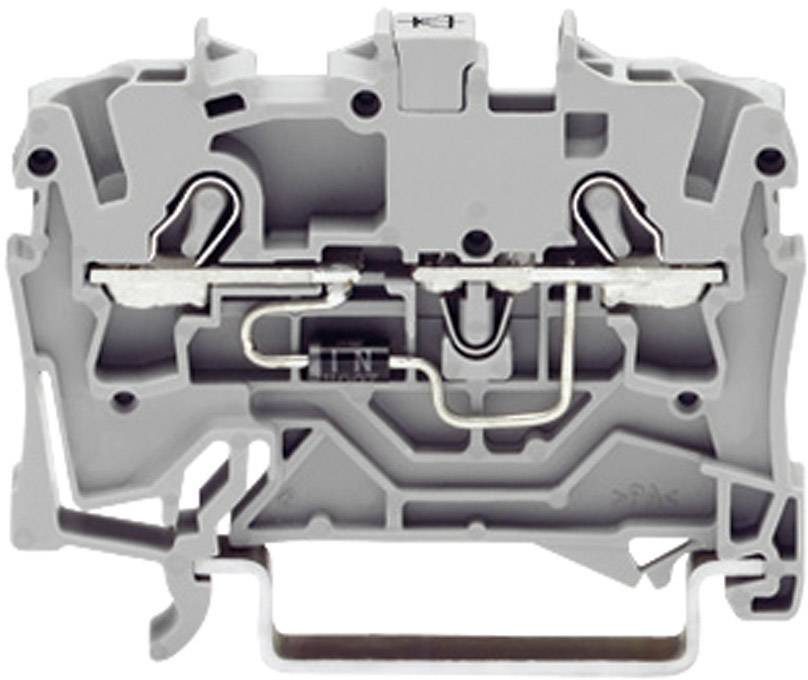 Ein grauer, elektrischer Klemmenblock mit Klemmstellen oben und unten, benutzt für das sichere Verbinden und Verzweigen von Kabeln.
