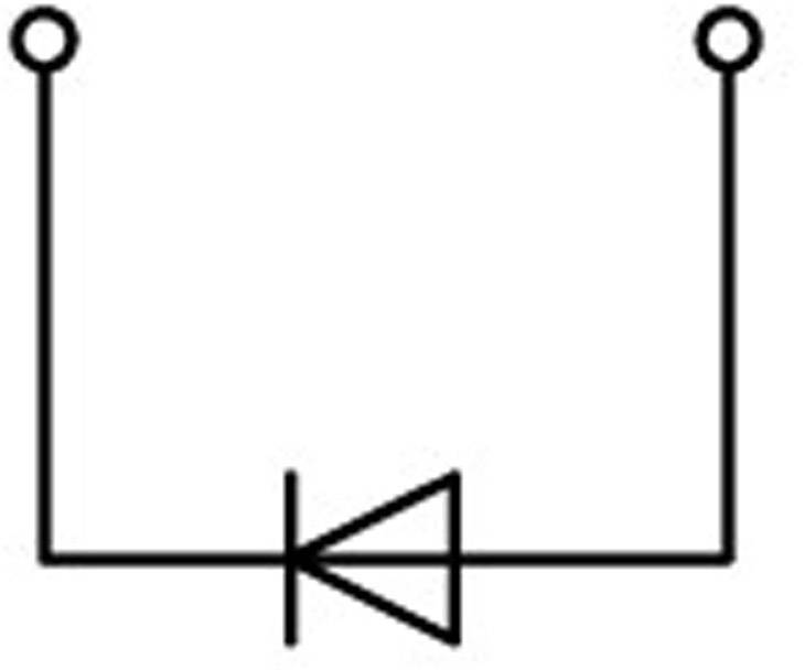 Schaltsymbol einer Diode in einem Stromkreis, mit dem Anode und Kathode gekennzeichnet sind. Die Diode ist in Reihe geschaltet.
