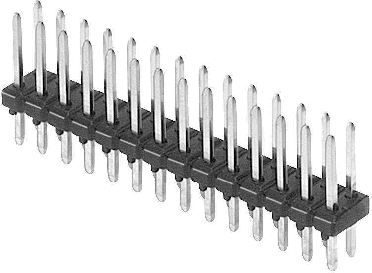 Ein einreihiger 16-poliger Stiftleistenstecker mit Kunststoffgehäuse, häufig verwendet für elektronische Verbindungen auf Platinen.