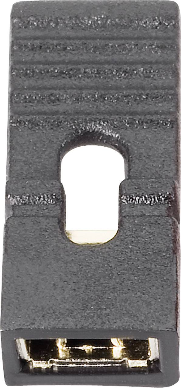 Schwarzer Jumper-Kontakt mit goldfarbenem Metalldraht, üblicherweise verwendet, um Verbindungen auf Computerplatinen zu ändern.