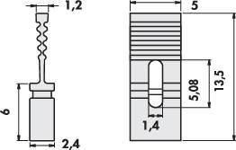 Technische Zeichnung eines Bauteils mit Maßen: Höhe 13,5 mm, Breite 2,4 mm. Zeigt Vorder- und Seitenansicht mit Details.