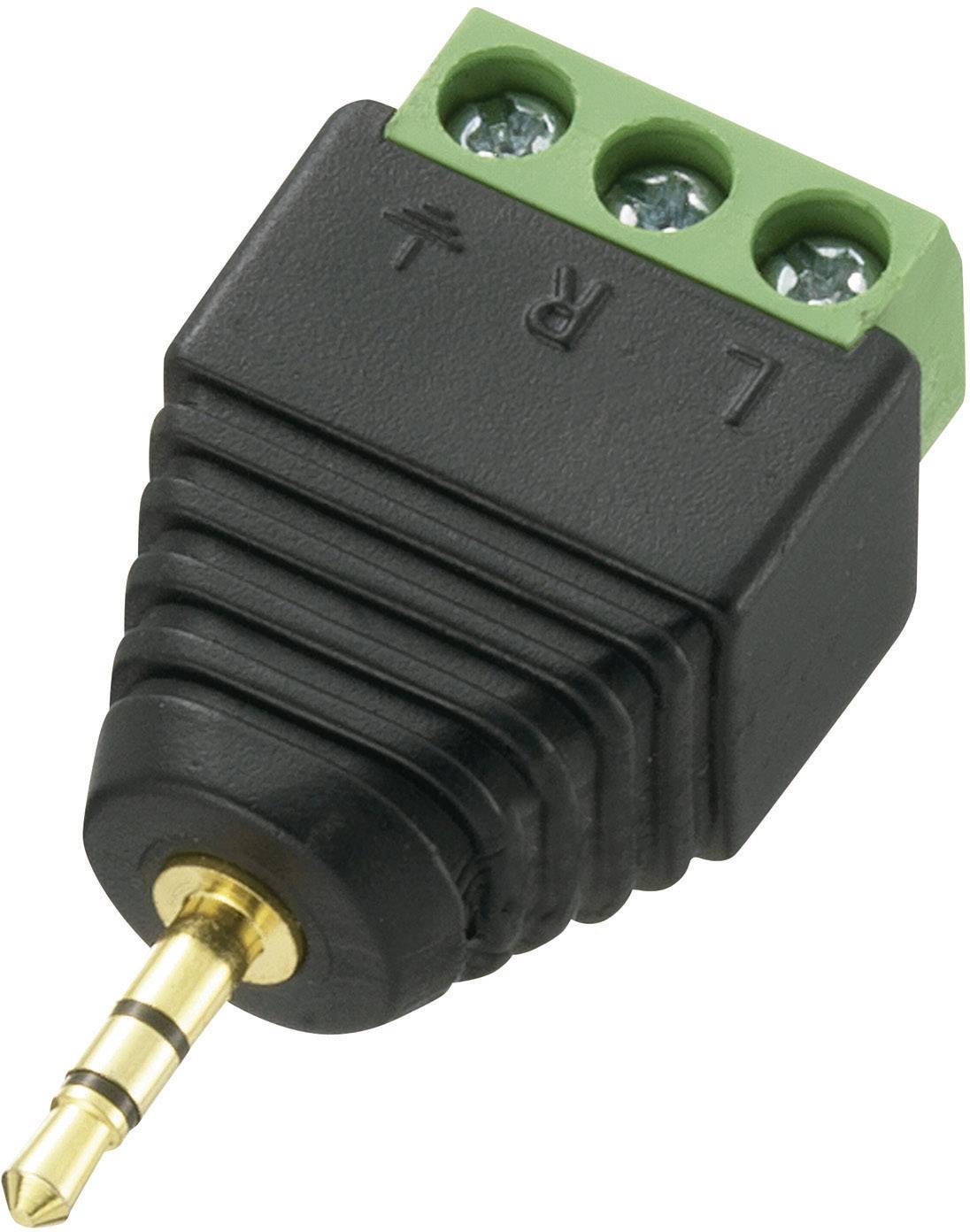 Schwarzer 3.5-mm-Klinkenadapter mit grünem Schraubklemmenblock, markiert mit L, R und T für Anschlussverbindungen.
