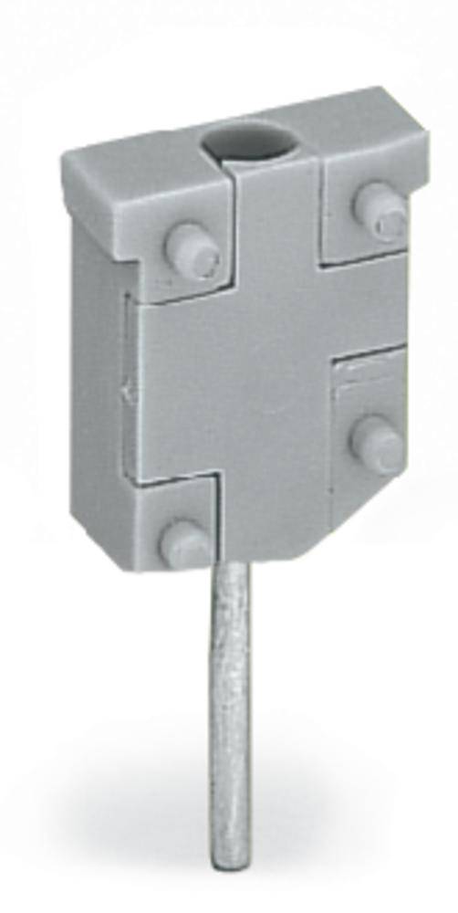 Ein grauer elektrischer Steckverbinder mit vier Pins, vertikal ausgerichtet.