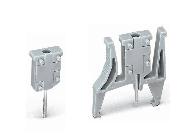 Zwei graue Kunststoff-Befestigungselemente mit Metallstäben, links ein kleineres, rechts ein größeres mit zusätzlicher Struktur.