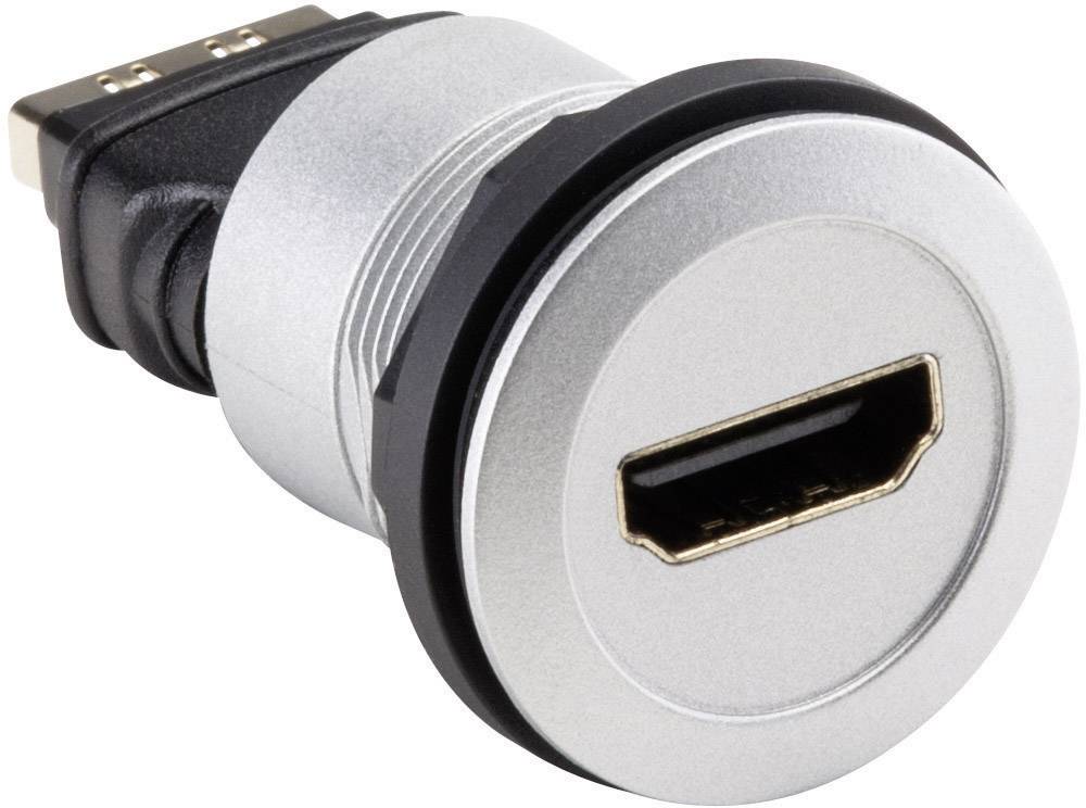Ein silberner HDMI-Winkeladapter mit einem 90-Grad-Winkel, geeignet zum Anschließen von HDMI-Kabeln in engen Räumen.
