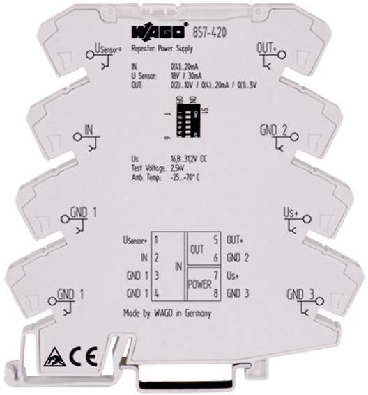 Ein WAGO 857-420 Repeater Power Supply mit Anschlüssen und technischen Spezifikationen aufgedruckt, einschließlich Energie- und Signalanschlüsse.