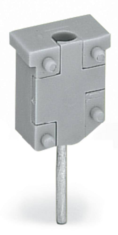 Ein grauer, rechteckiger Kunststoffstecker mit einem einzelnen Metallstift unten.