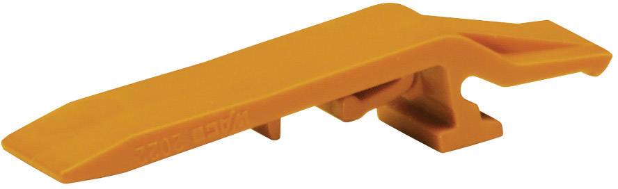 Ein orangefarbenes Kunststoffwerkzeug mit abgewinkelter Spitze und integriertem Clip. Es dient als Abstandshalter für Fliesenverlegung.