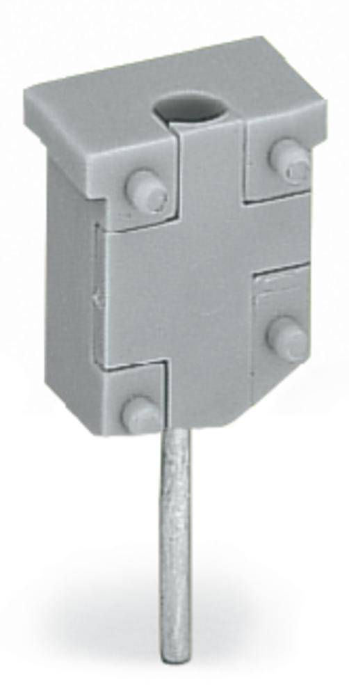 Graues, rechteckiges Kunststoffobjekt mit Rundstift an der Unterseite und Löchern auf der Oberseite, vermutlich ein elektronisches Bauteil.