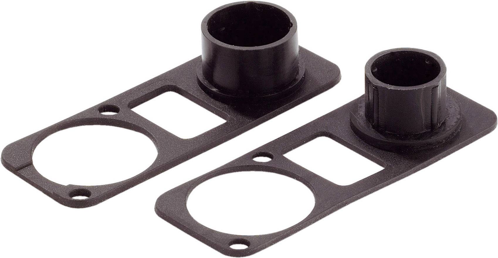 Zwei schwarze Kunststoffplatten mit runden Öffnungen und zylindrischen Aufsätzen, vermutlich zur Befestigung oder Halterung.