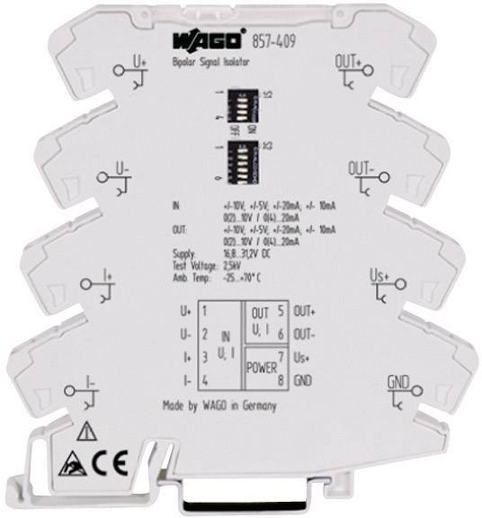 Elektrischer Bipolar-Signaltrenner von WAGO, Modellnummer 857-409, zeigt technische Spezifikationen und Anschlussdiagramme auf der Vorderseite.