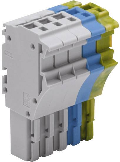 Dreipoliger, farbiger Steckverbinder mit vertikaler Orientierung. Enthält grau, blau und grün-gelbe Elemente. Verwendung für elektrische Verbindungen.