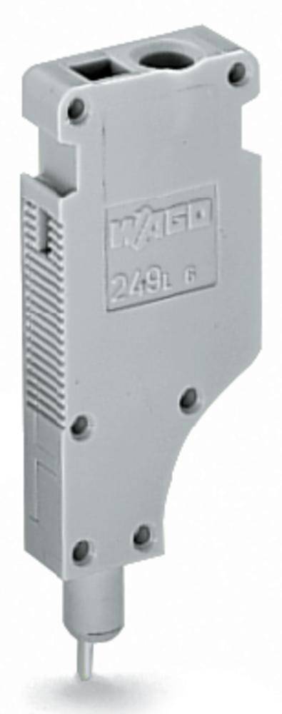 'WAGO 249L 6' graues, rechteckiges Bauteil mit Schraubenlöchern und Steckverbindungen, möglicherweise ein elektrischer Verbinder.