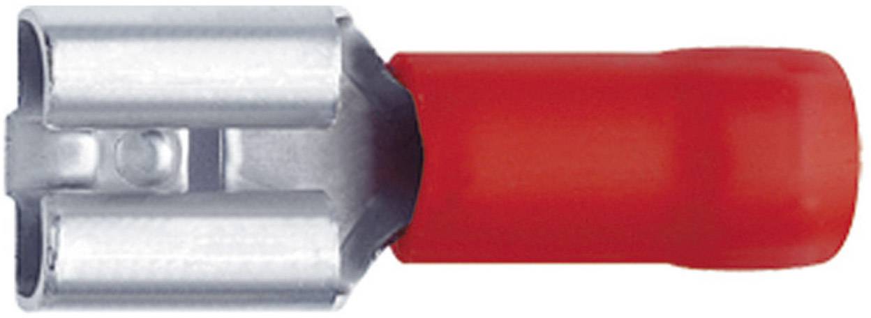 Pictured is a red isolated cable lug made of metal and plastic, used for securely connecting electrical wires.