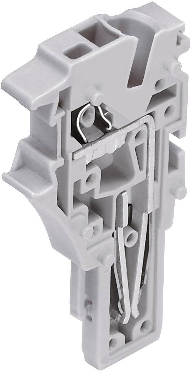 Graues Kunststoffklemmengehäuse mit sichtbaren Metallfederkontakten, zur Verwendung in elektrischen Verbindungen.