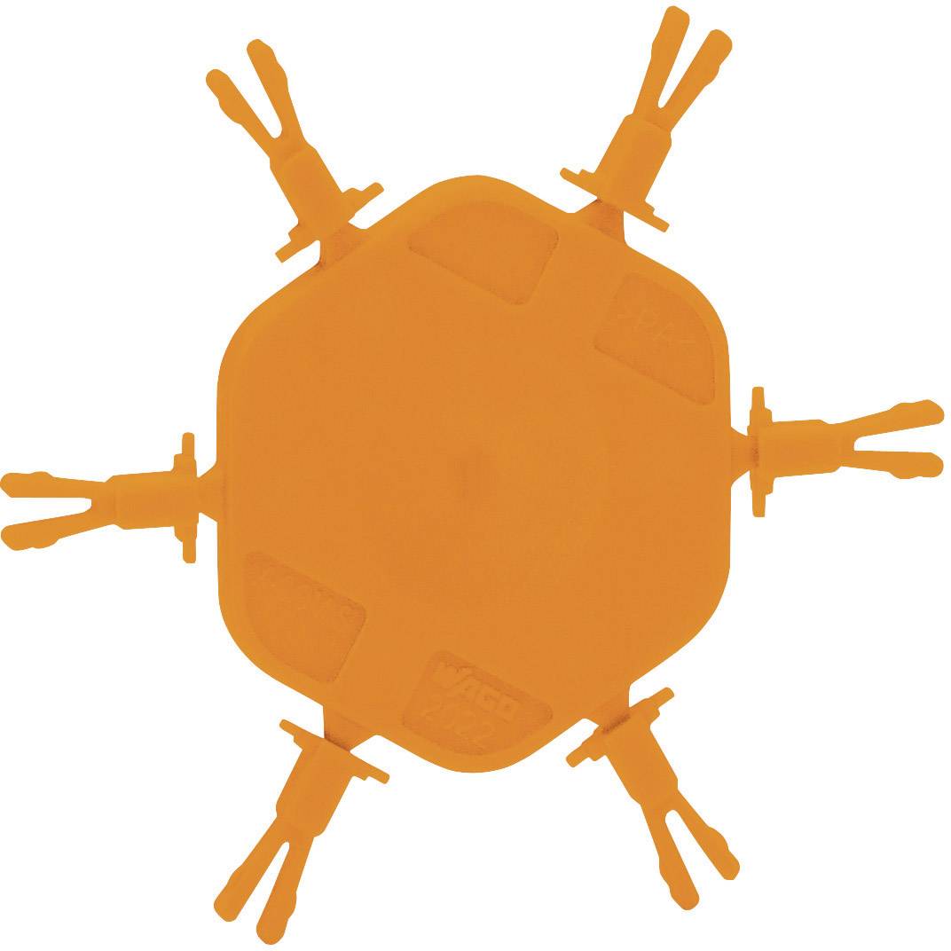 Ein orangefarbener Plastikeinsatz mit sechs Befestigungsclips, symmetrisch angeordnet, verspricht Stabilität oder Schutz in mechanischen Anwendungen.