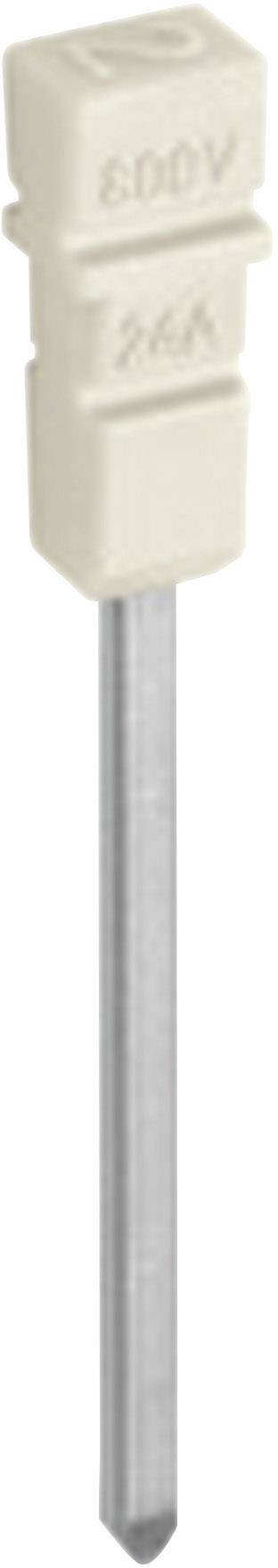 Ein länglicher Keramik-Isolator mit der Aufschrift '600V' und '25A', befestigt an einem Metallstift, wahrscheinlich ein elektrisches Bauteil.