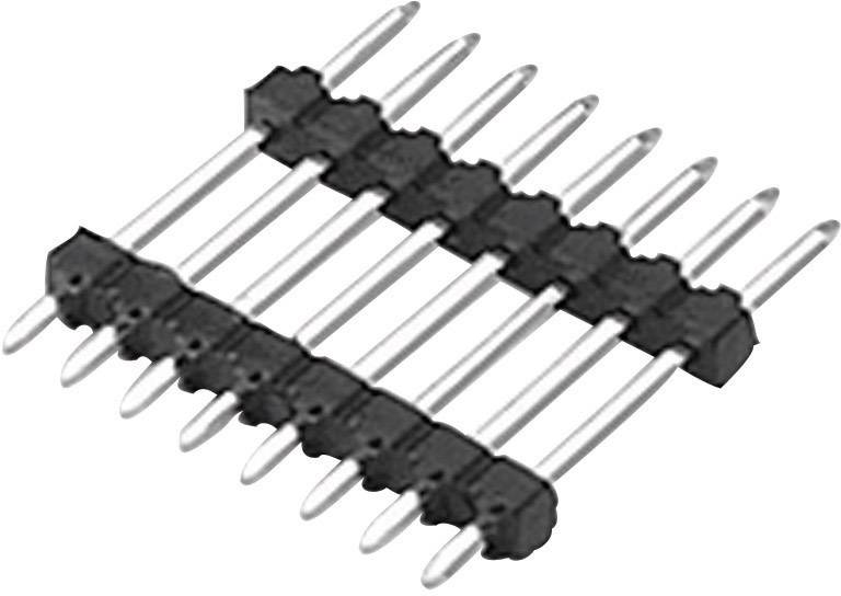 Eine gerade Doppelstiftleiste aus Metall mit Kunststoffabstandhaltern, geeignet für elektrische Verbindungen in elektronischen Schaltungen.