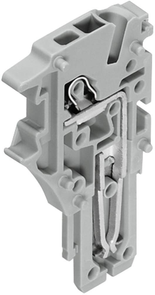 Grauer, rechteckiger elektrischer Klemmenblock mit zwei Anschlusskontakten und metallischen Leitern. Geeignet zur Leiterverbindung.