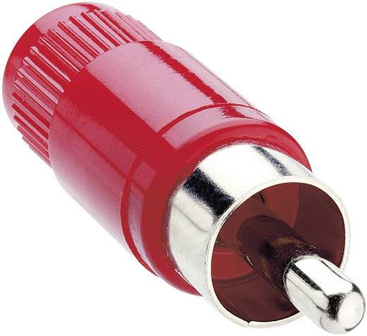 Roter RCA-Stecker mit Metallspitze, seitlich betrachtet. Dient zur Audio- oder Videoverbindung in elektronischen Geräten.
