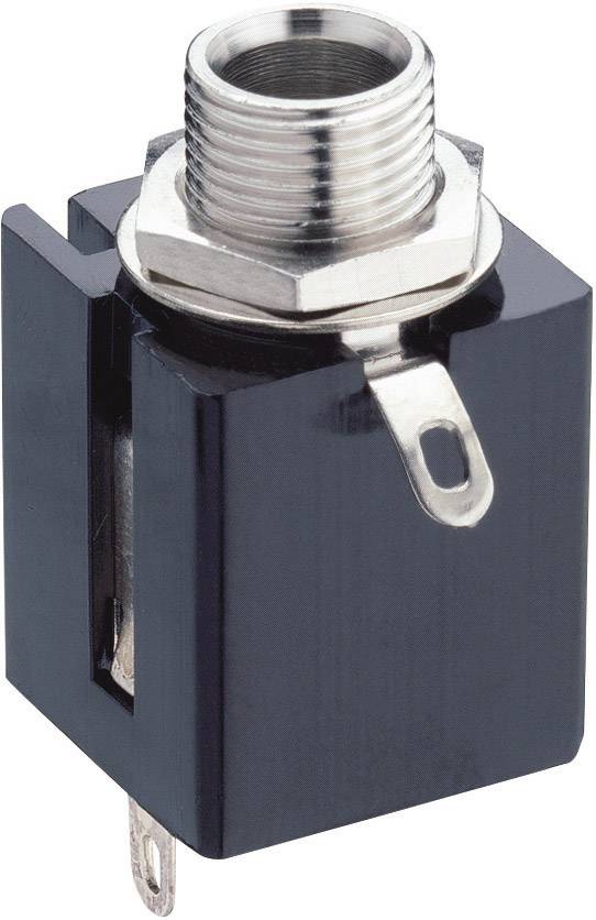 Ein glänzender, schwarzer Klinkenbuchse-Adapter mit Metallgewinde und zwei Lötkontakten, vertikal ausgerichtet.