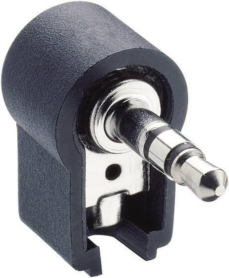 Ein abgewinkelter 3,5-mm-Klinkenadapter, geeignet für Audiogeräte. Der Adapter ermöglicht eine platzsparende Verbindung.