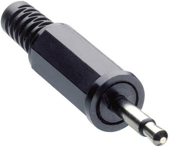 Nahaufnahme eines schwarzen Audiosteckersteckers mit geriffeltem Griff und Metallspitze, auf einer hellen Oberfläche liegend.