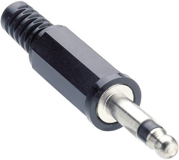 Ein schwarzer Audiostecker mit metallischer Spitze, typischerweise für Kopfhörer oder Lautsprecheranschlüsse verwendet.