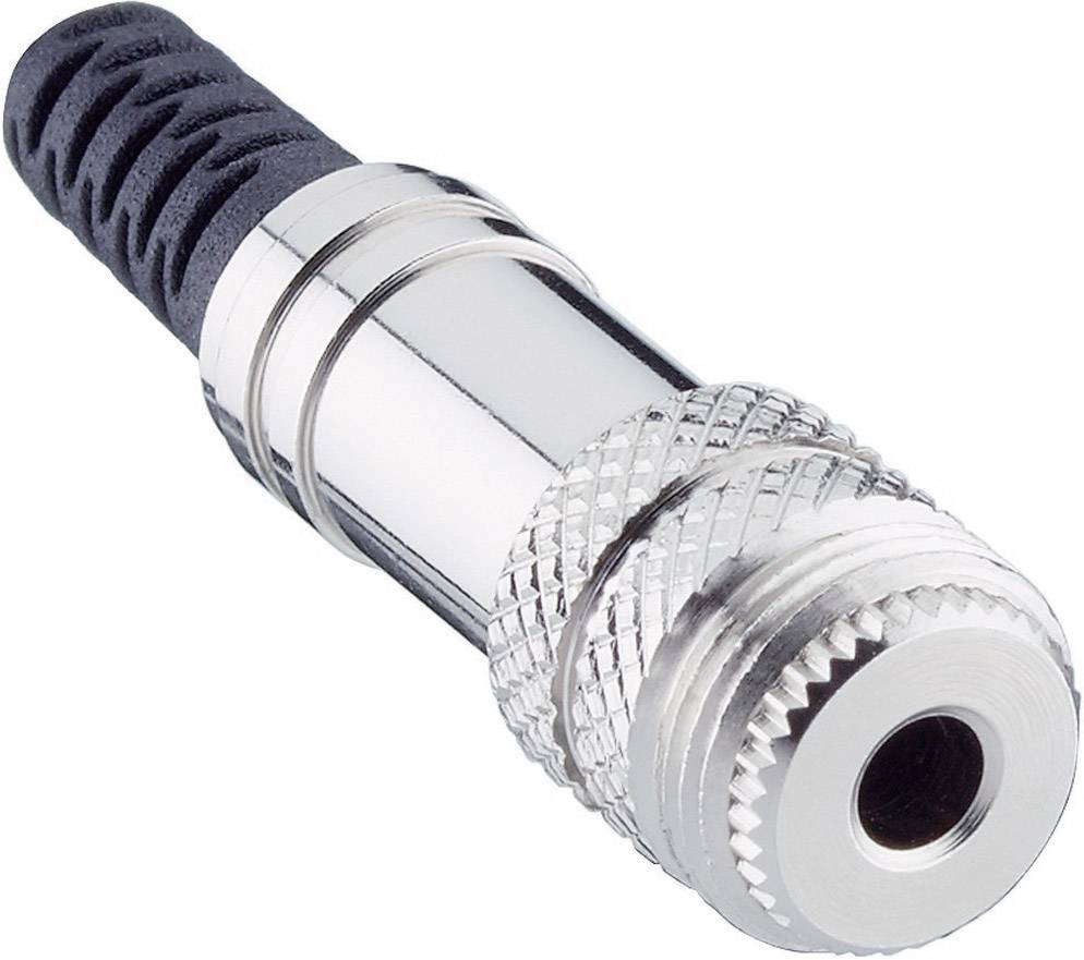 Silberner Klinkenstecker mit schwarzem Griff, häufig zur Verbindung von Audiogeräten genutzt.