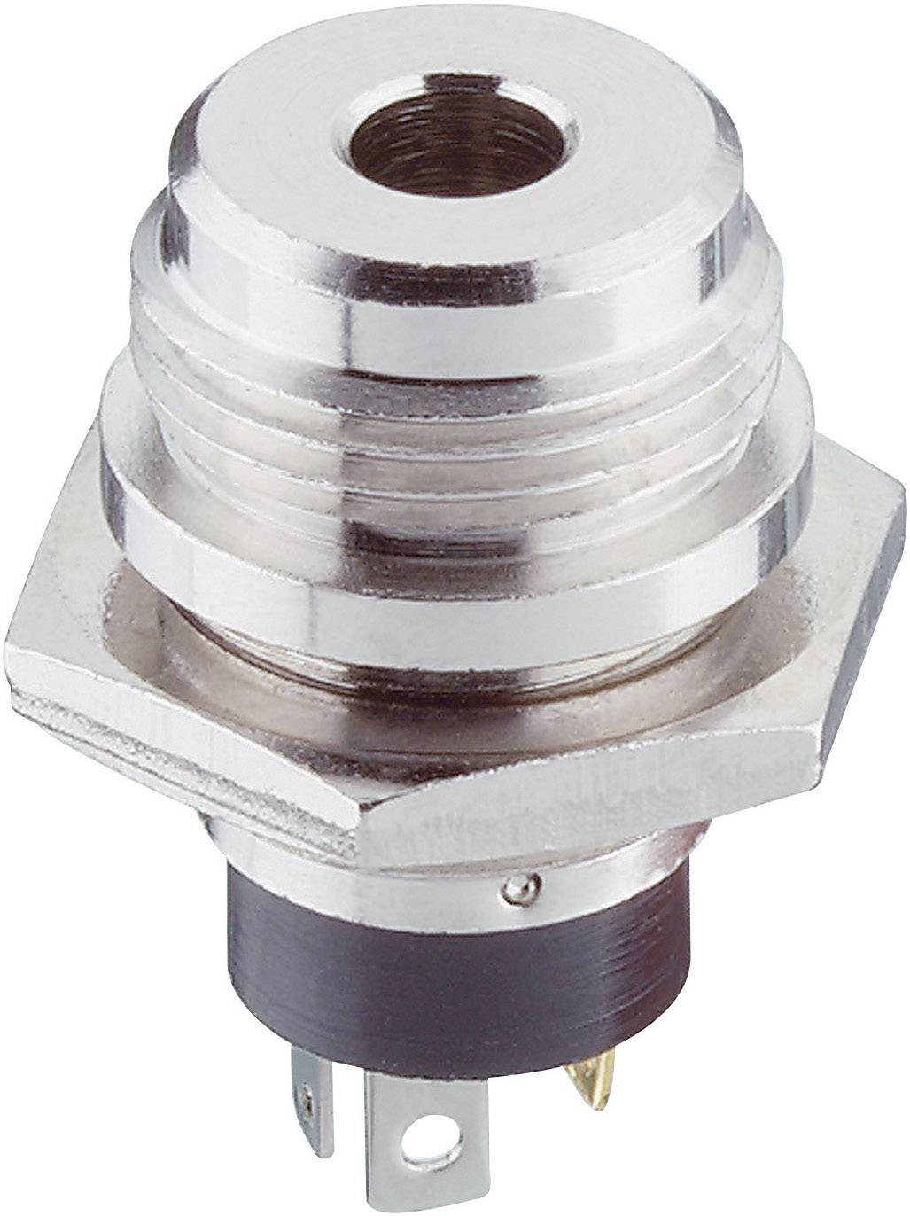 Ein Metallstecker mit Gewinde und drei Anschlüssen.