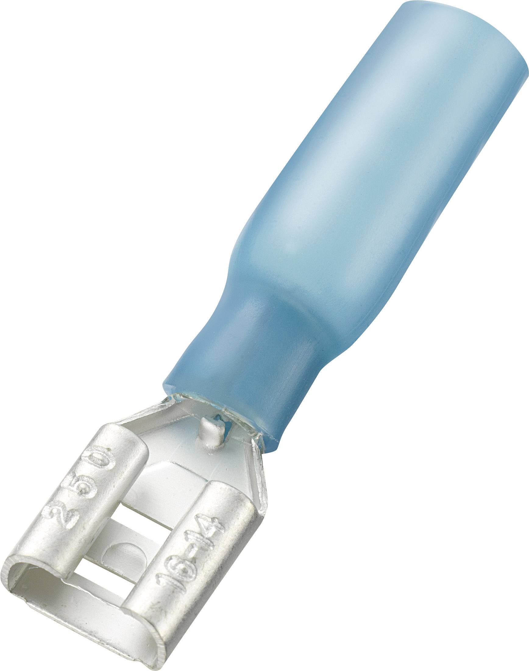 Ein blauer isolierter Flachsteckhülsenstecker aus Metall. Verwendet für elektrische Verbindungen.