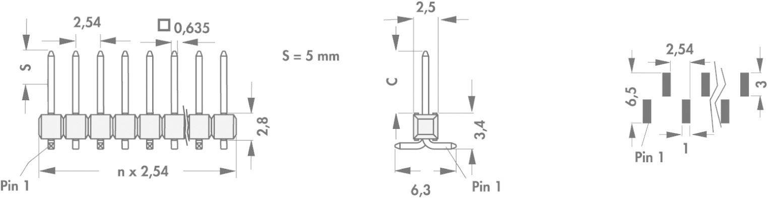 Technische Zeichnung eines Steckverbinders, zeigt Abmessungen von Pins: 2,54 mm Abstand, 3,4 mm Höhe; illustriert für Montagezwecke.