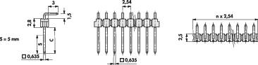 Technische Zeichnung eines Steckers mit mehreren Pins. Markierungen zeigen Abstände: 2,54 mm zwischen Pins und Gesamthöhe von 11,50 mm.
