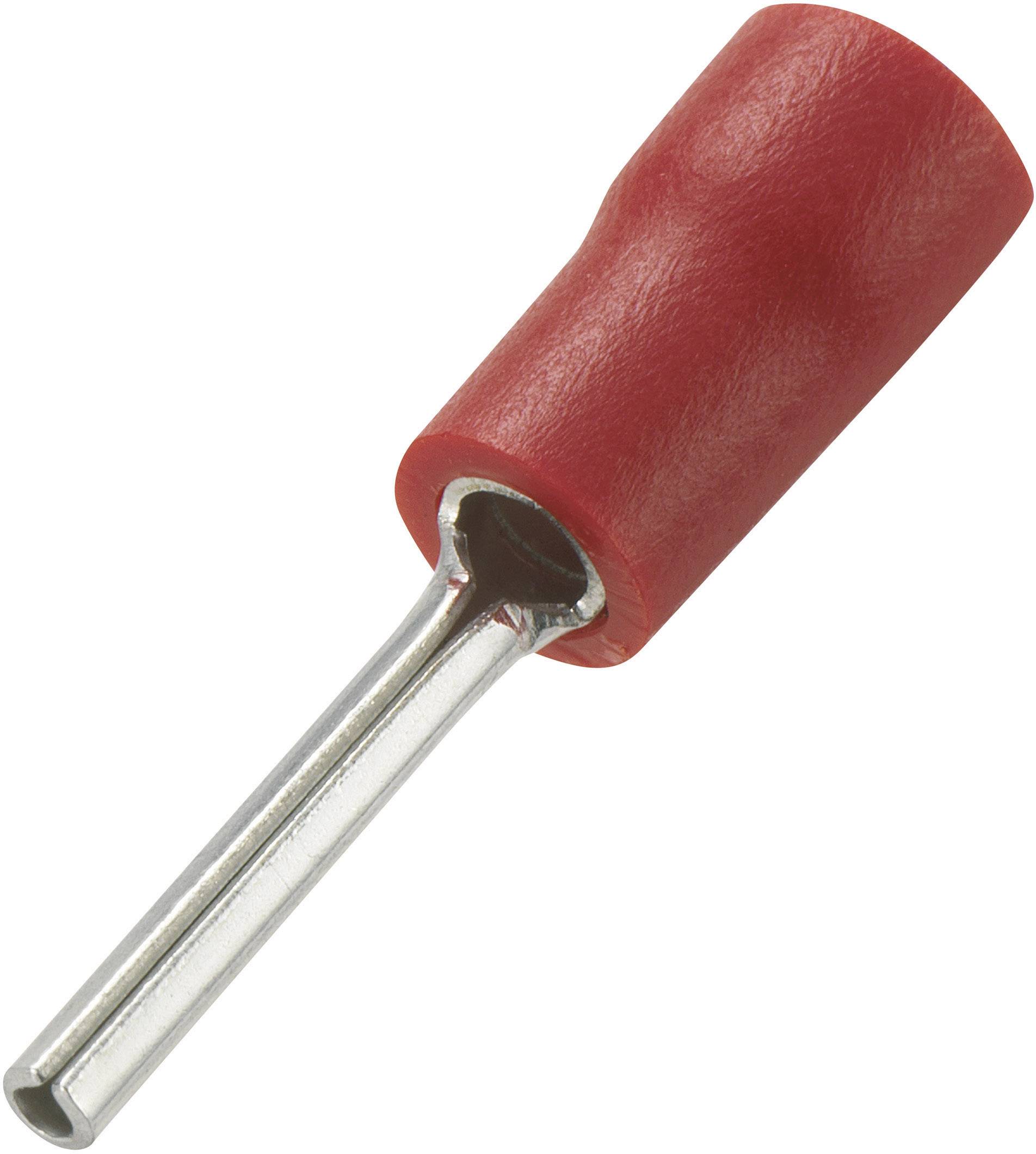 Ein roter Aderendhülsenkabelanschluss mit Metallröhre zum Crimpen an einem Kabelende. Wird in elektrischen Verbindungen verwendet.