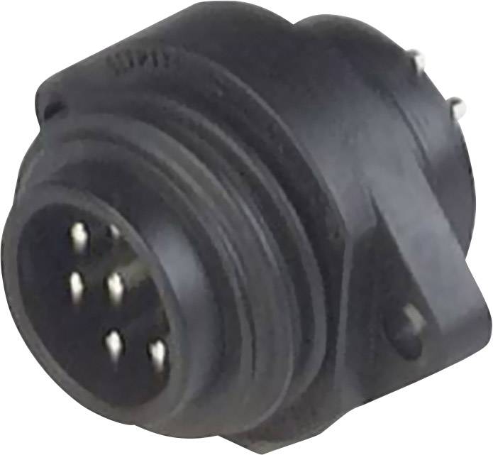 Ein schwarzer, runder elektrischer Stecker mit mehreren Metallstiften, geeignet für elektronische Verbindungen.