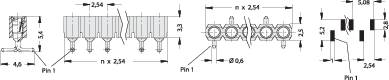 Technische Zeichnung einer elektronischen Schaltung mit mehreren Komponenten, Abmessungen in Millimetern, Details von Anschlüssen und Gehäuse.