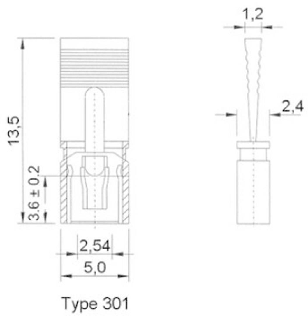 Technische Zeichnung eines Steckverbinders Typ 301. Maße: Höhe 13,5 mm, Breite 5,0 mm, mit Innenmaß 2,54 mm und Stift 1,2 mm.