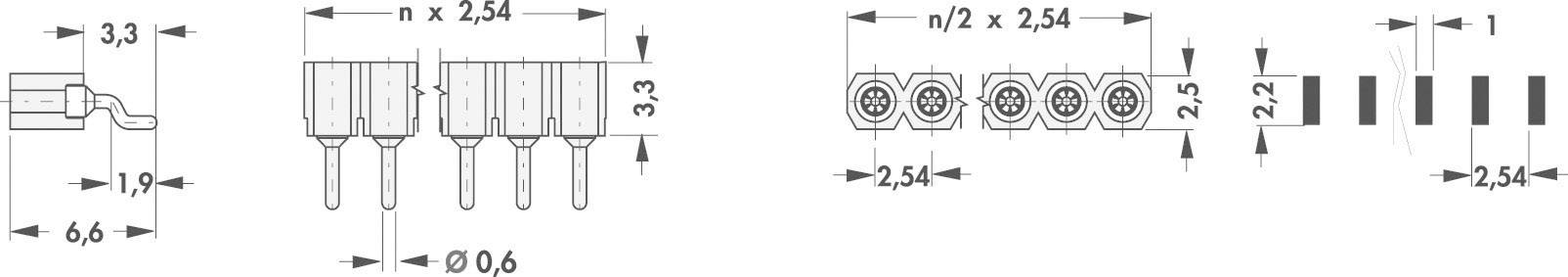 Zeichnung eines elektrischen Steckverbinders mit Maßen: 6,6 mm, 3,3 mm Höhe, 2,5 mm Abstand zwischen Pins, Durchmesser 0,6 mm.