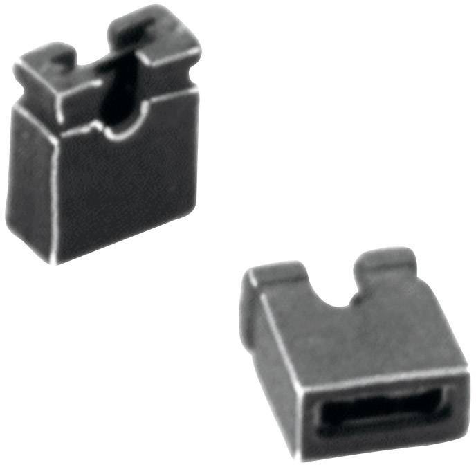 Zwei schwarze Kunststoff-Brückenstecker, die als elektrische Verbindungen dienen und oft in der Elektronik zur Konfiguration benutzt werden.