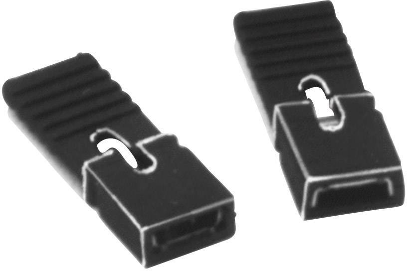 Zwei schwarze Kunststoffstecker mit geriffelter Oberseite und rechteckiger Öffnung, geeignet zum Überbrücken von Kontakten auf einer Leiterplatte.