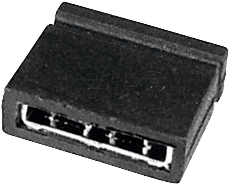Ein schwarzer Kunststoffstecker, wahrscheinlich ein Jumper, zur Verwendung auf Leiterplatten.