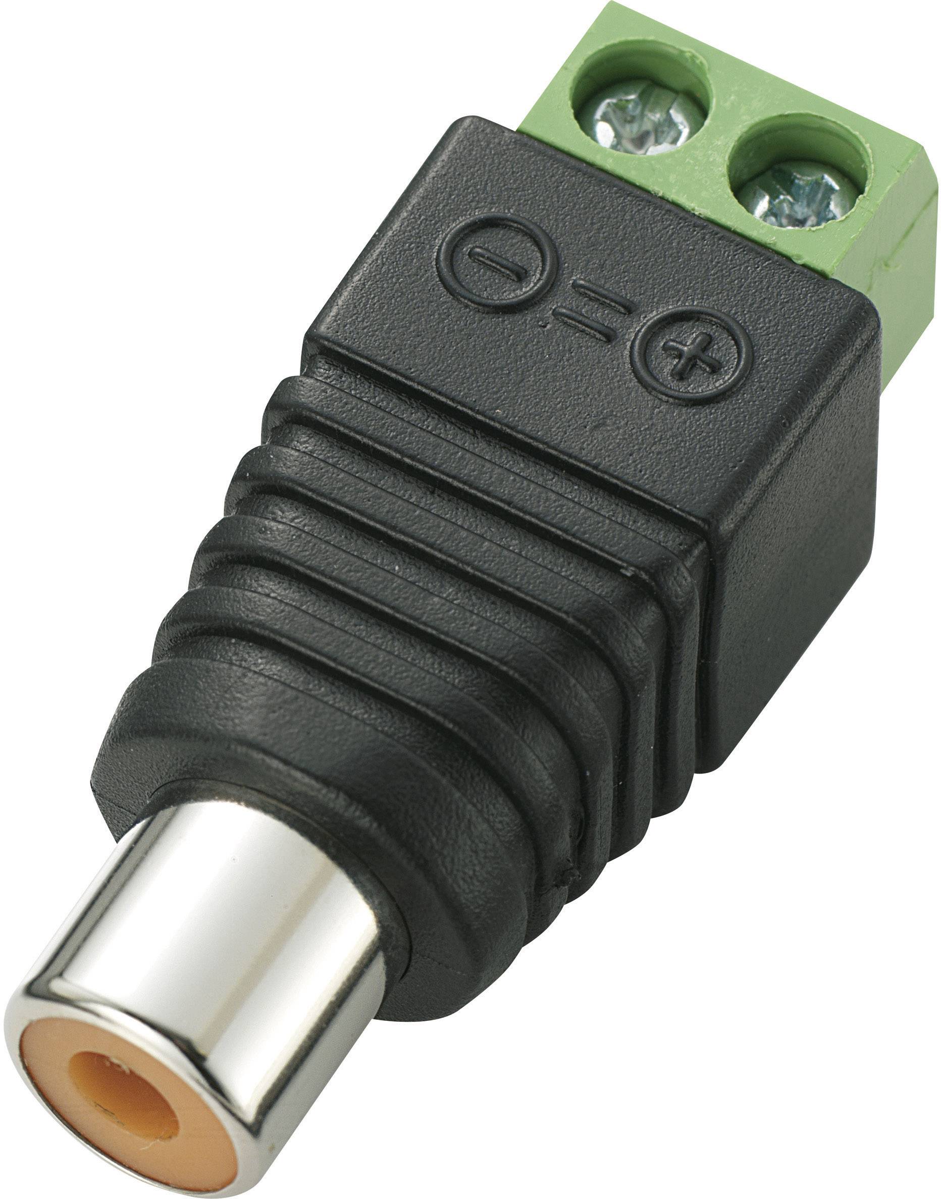 Adapter mit schwarzem Körper und grünem Anschluss, zeigt Plus- und Minus-Symbole für Stromanschluss, mit Metallbuchse.