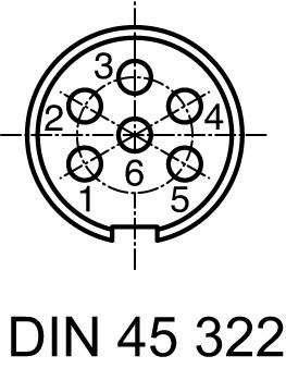 'DIN 45 322' Diagramm: Darstellung eines 6-poligen Steckverbinders mit nummerierten Pins.