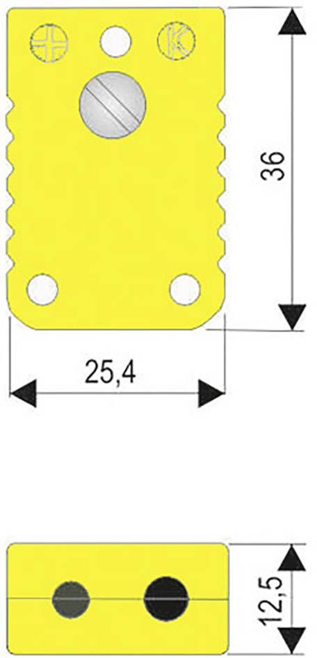 Gelbes rechteckiges Metallelement mit mehreren Löchern; Hauptloch von zwei kleineren umgeben. Maße: 25,4 x 36 mm, Dicke 12,5 mm.